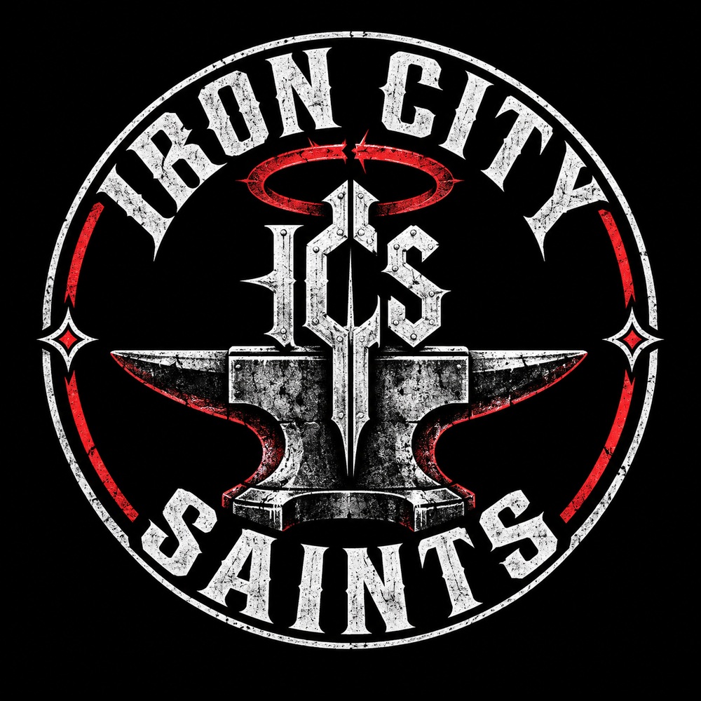 Iron City Saints iron anvil and broken red halo emblem